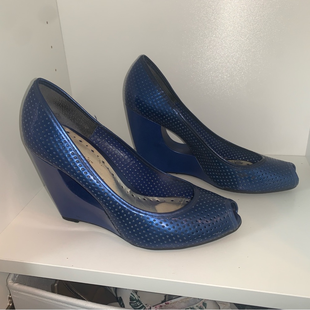 BCBGirls Metallic Blue Wedges with Textured Design